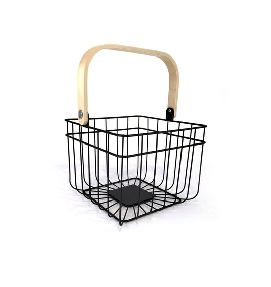 Metal Basket Black kitchen home organizer fruit wood handle bathroom bedroom wardrobes 26cm SQUARE