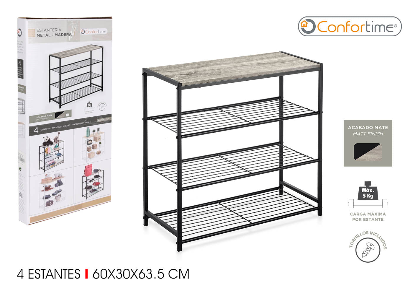 Confortime Shelf Black Wood Metal 60 x 30 x 63.5 cm