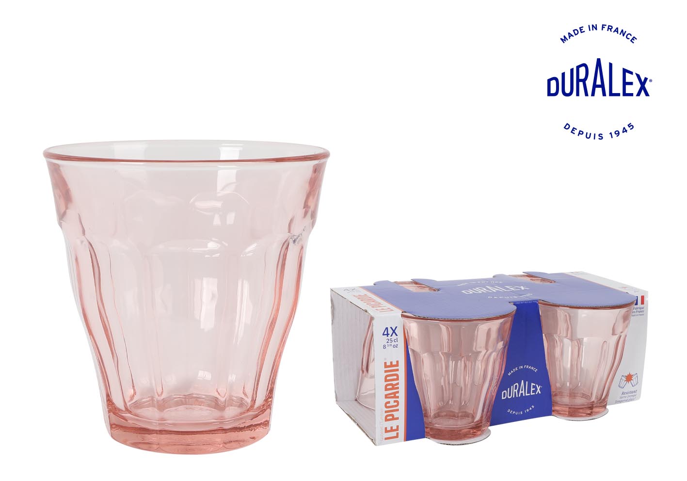 Duralex Pink Picardie drinking glasses tumblers 250ml