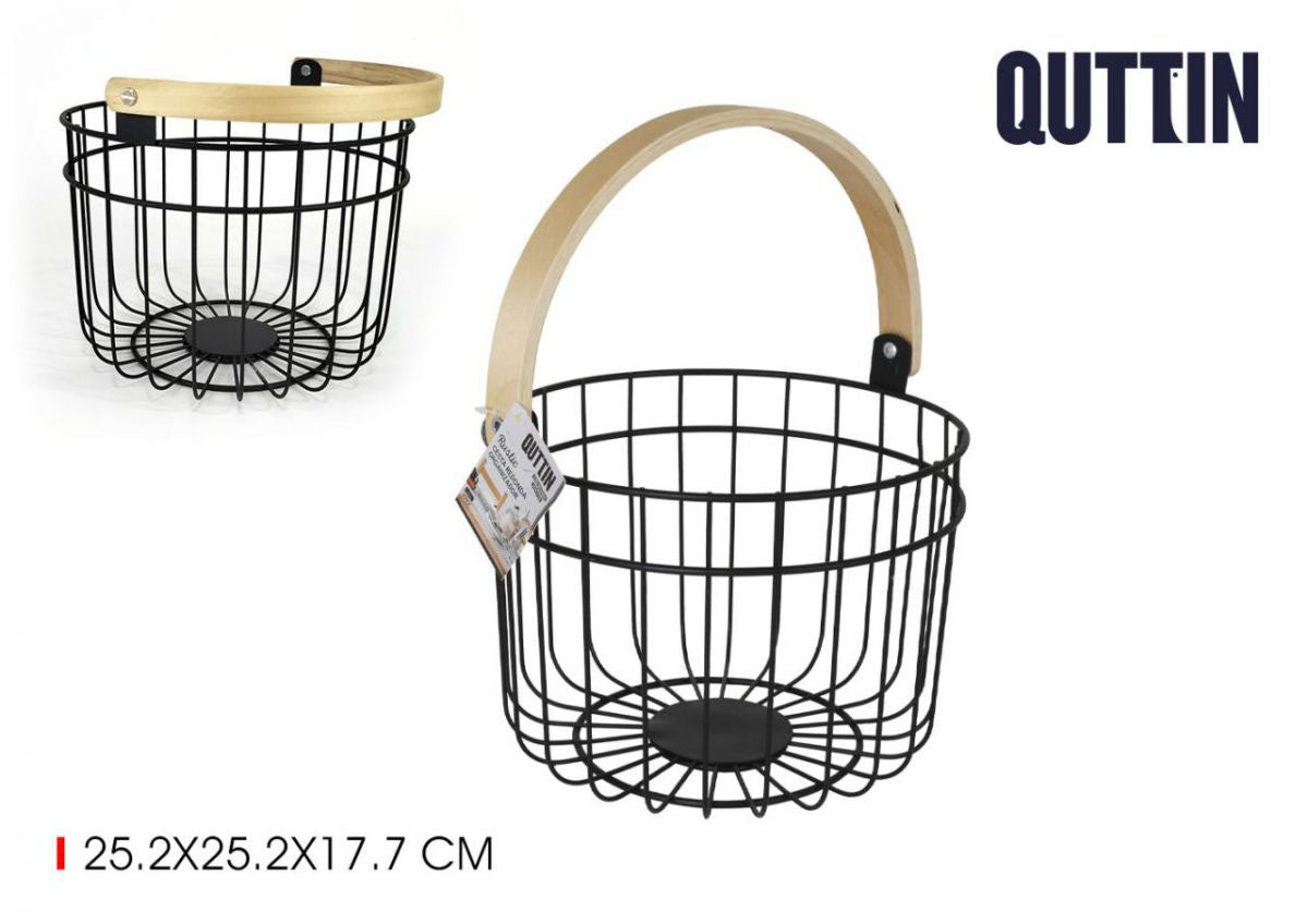 Metal Basket Black kitchen home organizer fruit wood handle bathroom bedroom wardrobes 26cm ROUND