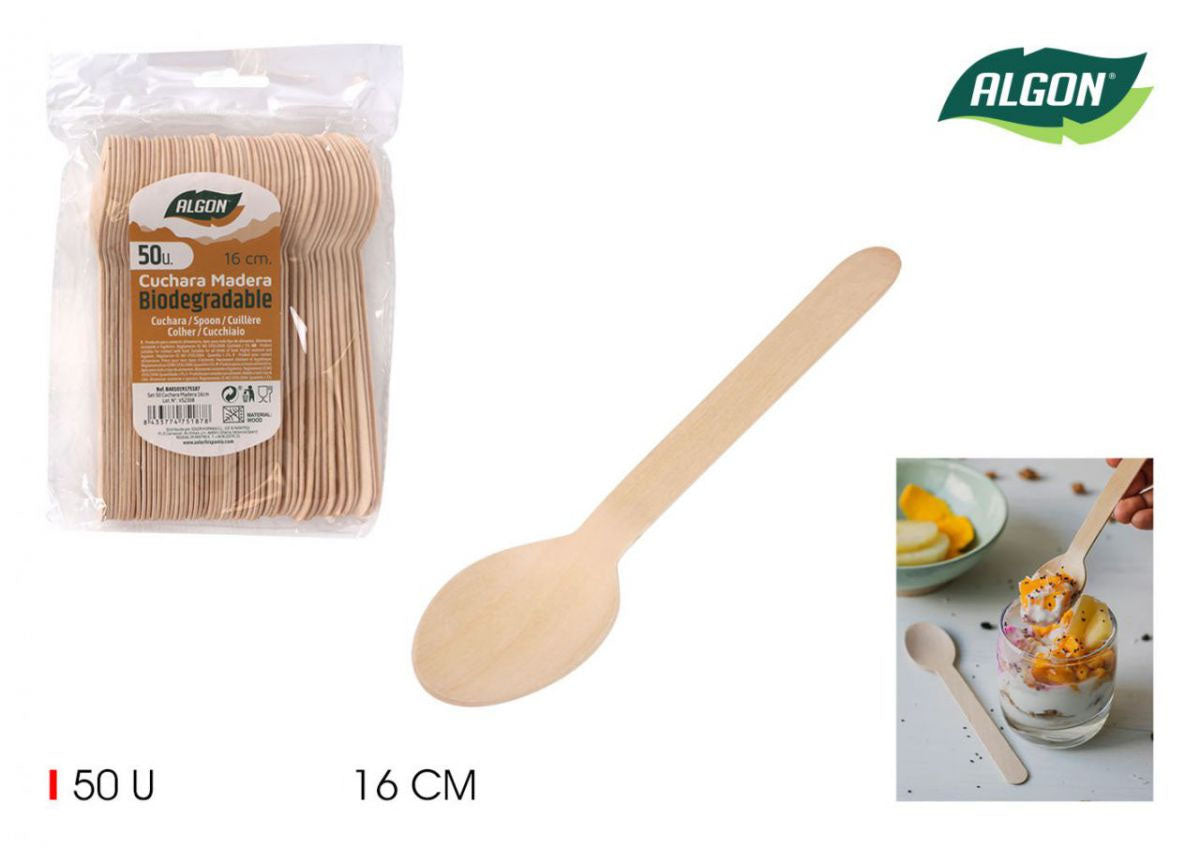 Algon Spoons Disposable Biodegradable wooden party take away cutlery Pack of 50