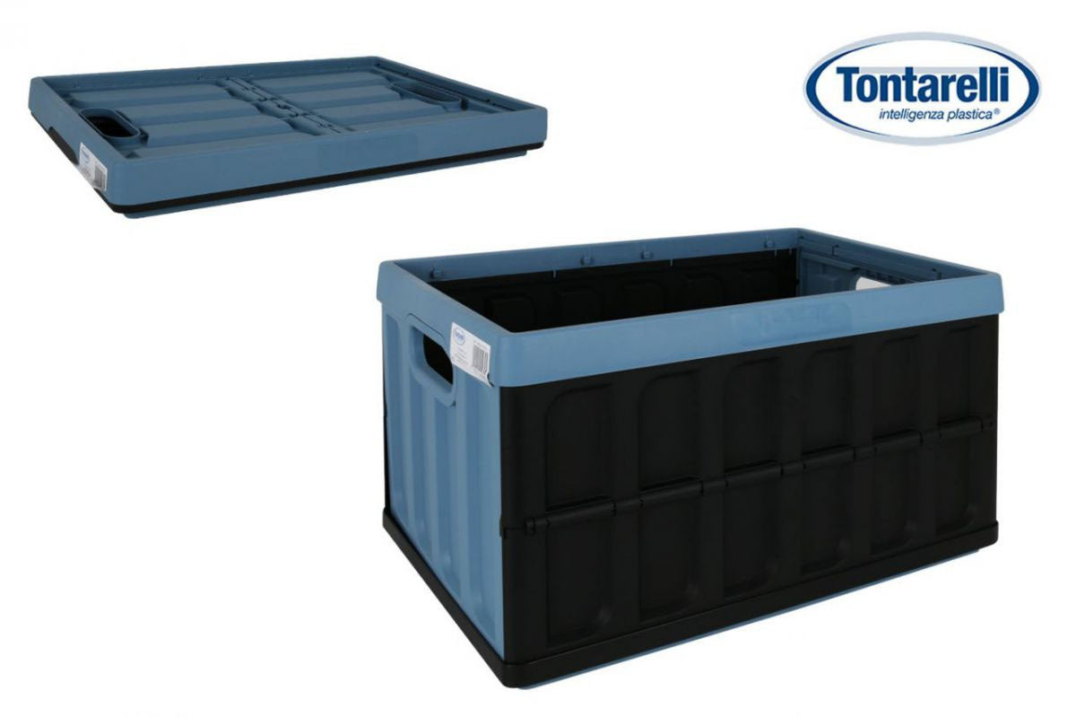 Folding crate with lid 46L Black/slate blue Tontarelli