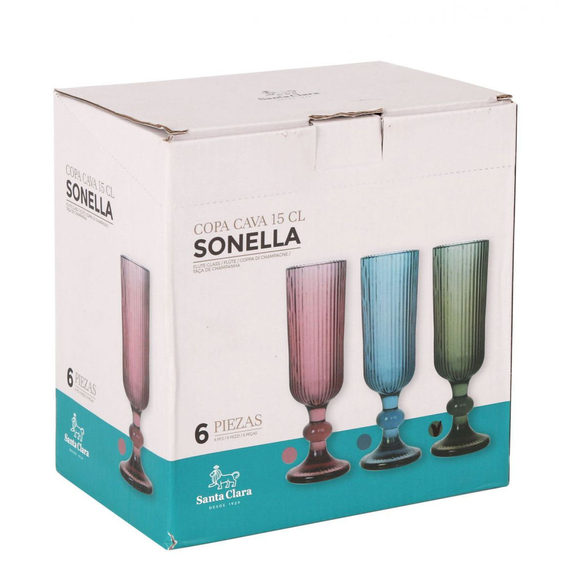 Sonella Champagne flutes prosecco cava glasses vintage embossed green blue clear Multicolour - Box of 6-