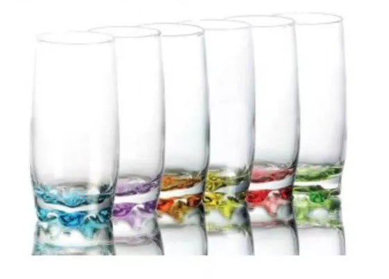 Set Of 6 Pcs Coloured Base Glasses Drinking Highball Style Glassware Juice Boxed Adora LAV