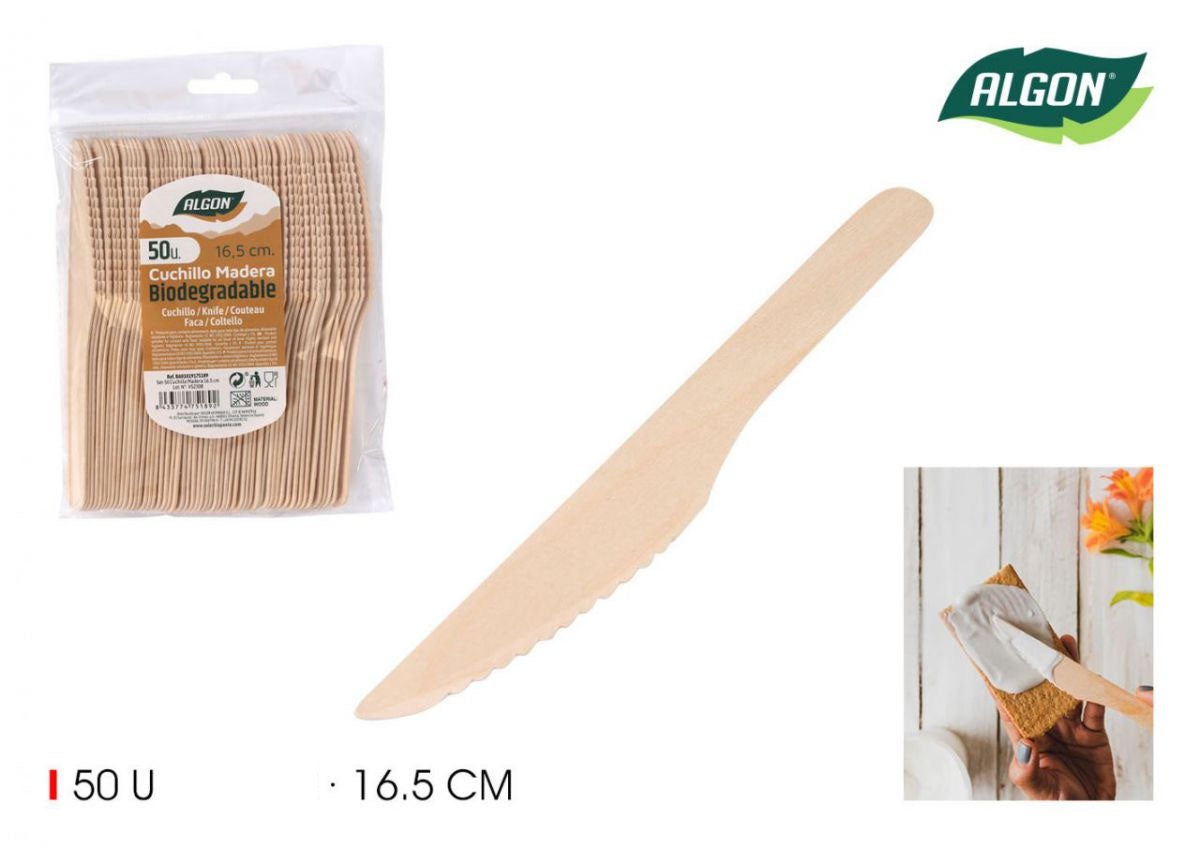 Algon Knives Disposable Biodegradable wooden party take away cutlery Pack of 50