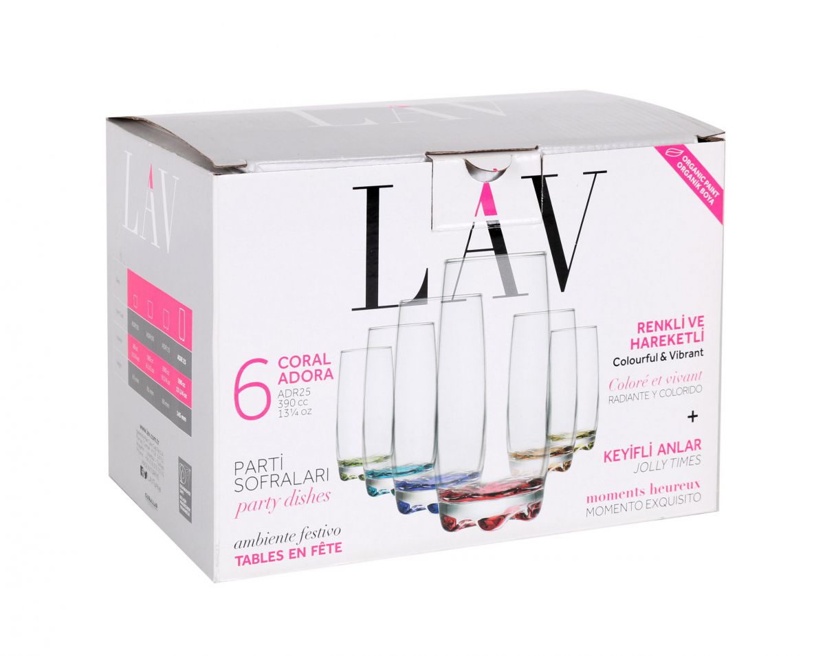 Set Of 6 Pcs Coloured Base Glasses Drinking Highball Style Glassware Juice Boxed Adora LAV