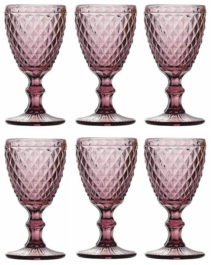 SIDARI PINK Vintage RED WINE GLASSES 350ml embossed drinking glasses stemware diamond design wedding restaurants