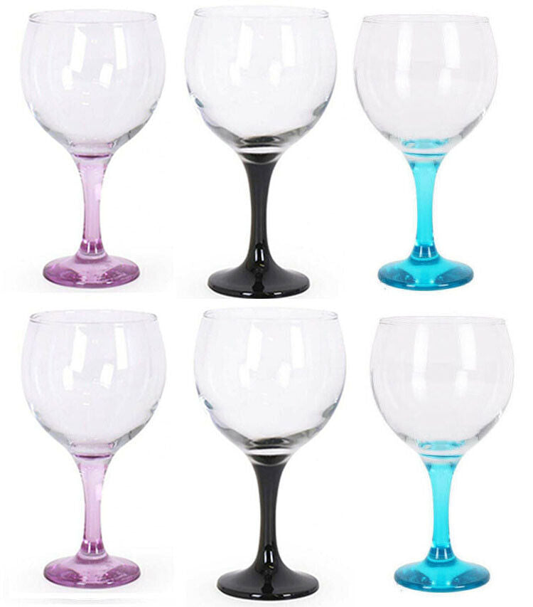 BOX OF 6 - Gin and tonic  cocktail balloon glasses 650ml BLACK+PINK+BLUE stem